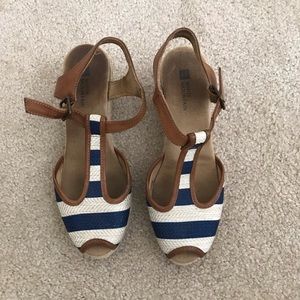 Navy Striped & Cognac Espadrille Wedges